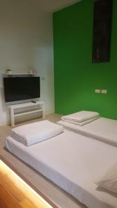 two beds in a room with a green wall at So Art Guesthouse in Sanyi