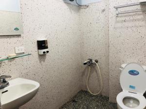 a bathroom with a sink and a toilet and a mirror at Zhongxing Hotel in Tongluo