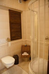 a bathroom with a toilet and a glass shower at Apartament Parkowy in Sandomierz