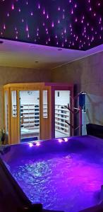 - une grande baignoire violette dans une chambre éclairée dans l'établissement Gites Spa Strasbourg - La Villa 15, à Ittenheim