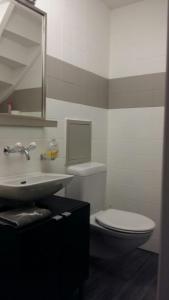 a bathroom with a sink and a toilet and a mirror at Appt 6-8 pers Torgon Portes du Soleil in Vionnaz