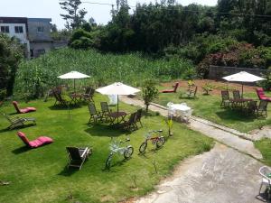 einen Garten mit Stühlen, Tischen, Sonnenschirmen und Fahrrädern in der Unterkunft Minshuku Myojoso in Yoron