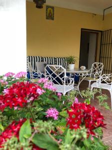 サンルーカル・デ・バラメダにあるChalet Junto Playa Y Centroの花の咲くパティオ(テーブル、椅子付)