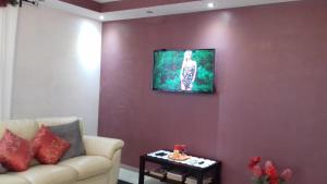 sala de estar con sofá y TV en la pared en Vila Family, en Cricova