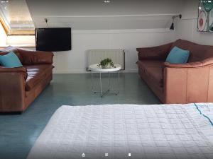 a living room with two couches and a tv at Molevitten Apartments in Søby