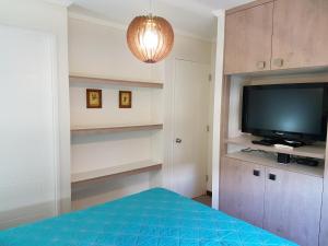 1 dormitorio con 1 cama, TV y estanterías en Casa Robles Pucon, en Pucón