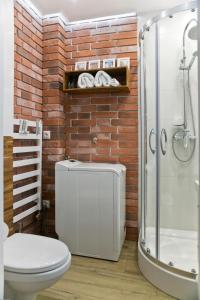 a brick bathroom with a toilet and a shower at Cichy apartament w centrum Krakowa Salwator in Kraków