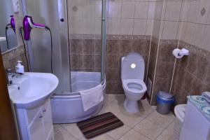 a bathroom with a sink and a toilet and a shower at Apartment on Shevchenka Boulevard in Ternopil