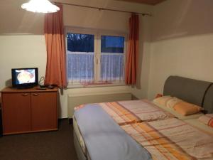 a bedroom with a bed and a television and a window at Spreewaldgasthaus Petkampsberg in Schlepzig