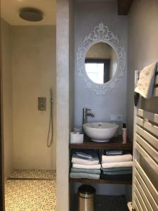 ein Badezimmer mit einem Waschbecken, einem Spiegel und Handtüchern in der Unterkunft De Carper in Middelburg
