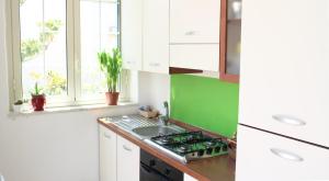 a kitchen with white cabinets and a green wall at La sirena sul mare di Mondello in Mondello