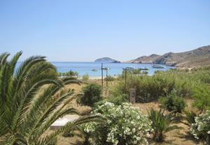 a view of a beach with palm trees and the ocean at Ariston Apartments in Serifos Chora