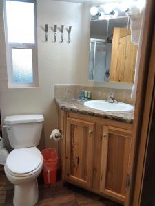 La salle de bains est pourvue de toilettes blanches et d'un lavabo. dans l'établissement Yosemite RV Resort, à Coarsegold