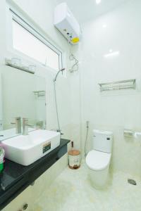 La salle de bains est pourvue d'un lavabo, de toilettes et d'un miroir. dans l'établissement Mỹ Kim Villa, à Đà Lạt