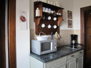 a kitchen with a counter with a microwave and a sink at Ferienwohnung mit tollem Ausblick in Dresden