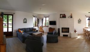a living room with blue couches and a fireplace at Wyskok 1 - dom z widokiem in Srokowo +63 photos