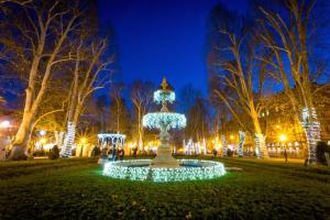 einen Brunnen mit Lichtern in einem Park in der Nacht in der Unterkunft Zagreb center near main square in Zagreb