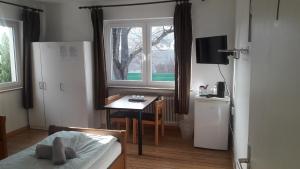 een kamer met een bureau, een bed en een raam bij A&S Ferienwohnungen Roonstraße in Bonn