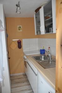 uma pequena cozinha com um lavatório e um balcão em Ferienhaus Neubert em Wolkenstein