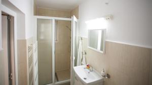 uma casa de banho com um lavatório e um chuveiro em Apartament Elena em Târgu-Mureş