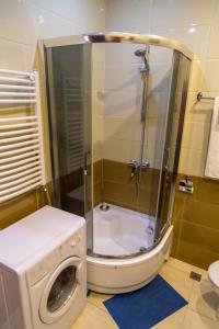 Tbilisi Comfort Apartment في تبليسي: وجود غسالة في الحمام مع دش