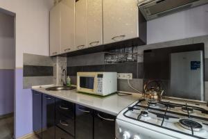 a kitchen with a stove and a white microwave at Apartments for your happiness in Dnipro