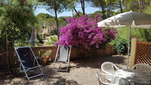a garden with a table and an umbrella and purple flowers at Residence Capobianco in Portoferraio