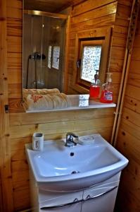 ein Bad mit einem Waschbecken und einer Dusche in einer Kabine in der Unterkunft Acapulco Domki Radków in Radków