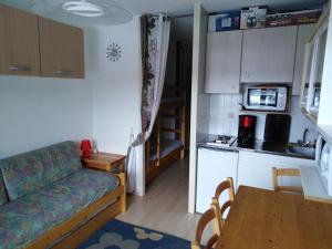 pequeña sala de estar con sofá y cocina en Les Brettaz en Bellevaux