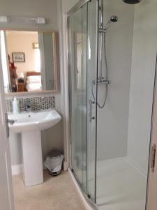 a bathroom with a shower and a sink at Tigh Uisdean Bed and Breakfast in Achiltibuie