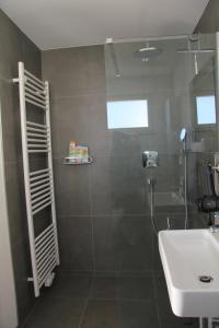 a bathroom with a shower and a sink at Ferienwohnung no.55 in Lörrach +24 photos