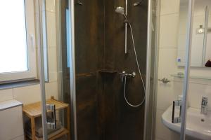 La salle de bains est pourvue d'une douche avec une porte en verre. dans l'établissement Wohnung 2 im Kirschblütenhof, à Ingelheim-sur-le-Rhin