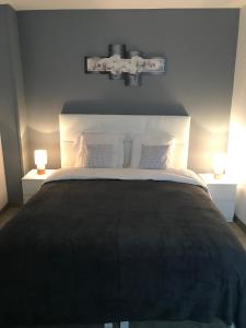 une chambre avec un grand lit avec deux lampes dans l'établissement Appartement proche Mer, à Berck-sur-Mer