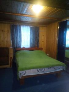 a bedroom with a green bed and a window at Kazka in Yablunytsya
