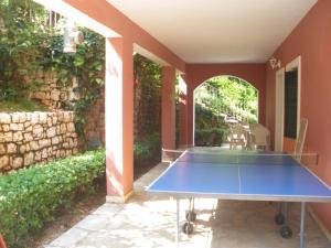 a blue ping pong table in a courtyard at Villa Aliki in Ágios Stéfanos