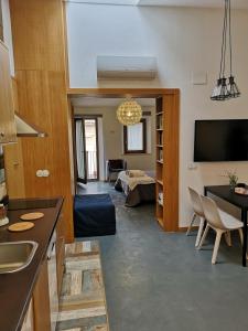 cocina y sala de estar con sofá y TV en Apartamentos 14DeSande, en Cáceres