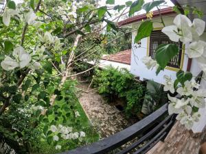 einen Garten mit weißen Blumen und einer Bank in der Unterkunft Yala Southern Homestay in Tissamaharama