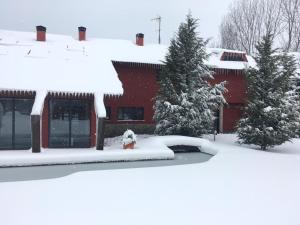 a fire hydrant covered in snow in front of a house at Fuentes Blancas in Vegacervera