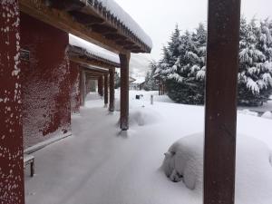 a building covered in snow with trees in the background at Fuentes Blancas in Vegacervera