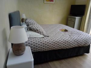 ein Schlafzimmer mit einem Bett mit einer Lampe auf einem Nachttisch in der Unterkunft Chambre indépendante à Carcassonne in Carcassonne