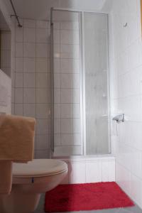 een badkamer met een douche, een toilet en een rood tapijt bij Gasthof zur Alten Post-Pension in Fürstenzell