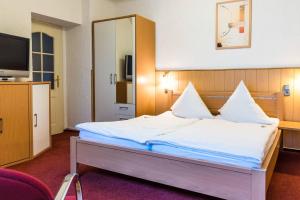 a hotel room with a bed and a tv at Pension Lachmöwe in Zinnowitz