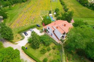 an aerial view of a house with a field of flowers at Apartments Valoda in Nedeščina