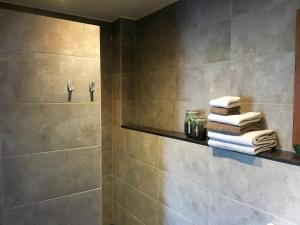 a bathroom with a shower with towels on a shelf at B&B Appelsteiger in Dordrecht