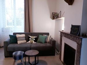 sala de estar con sofá y chimenea en Gite Aux Lauriers, en Lacroix-sur-Meuse