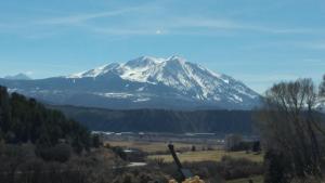 a snow covered mountain in the distance with a field and trees at The 8th Street Retreat in Carbondale