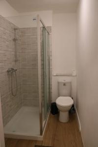 a bathroom with a toilet and a glass shower at Victoria style flat near Victoria station in London