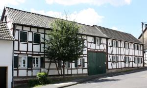an old building with a green door in a street at Kleine Fachwerkwohnung in Alfter