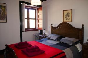 a bedroom with a bed with red blankets and a window at Casa da Sicó in Manteigas