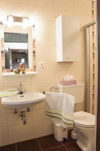 マリアプファルにあるPfeifferhofのバスルーム(洗面台、トイレ、鏡付)
